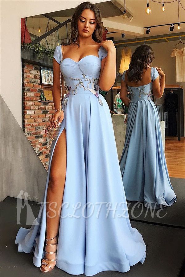 Flügelärmel Open Back Blue Abendkleid 2022 | Sexy Side Slit Appliques Prom Dresses Günstige bc1747