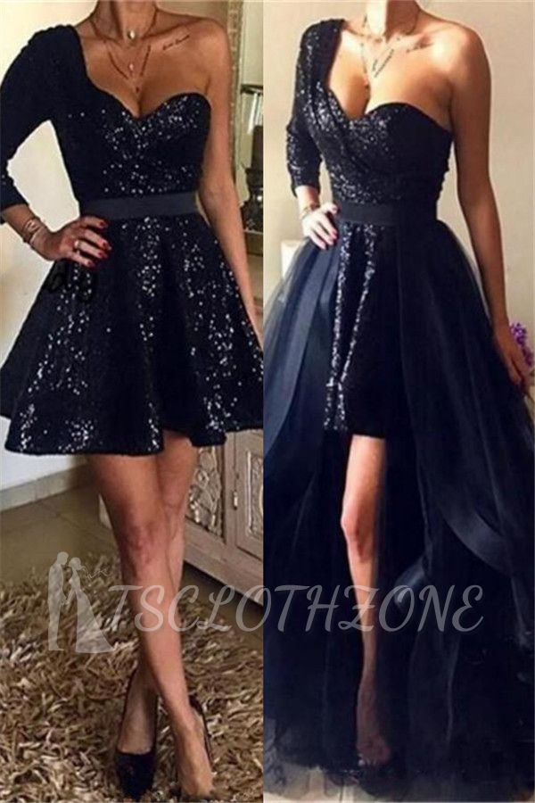 One Sleeve Black Sequins Prom Dresses Cheap | Detachable Overskirt Tulle Evening Gowns