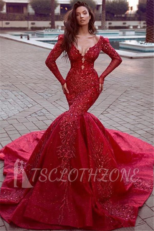 Stunning Long Sleeves Mermaid Evening Dresses with Train | Hot Backless Lace Crystal Prom Dresses