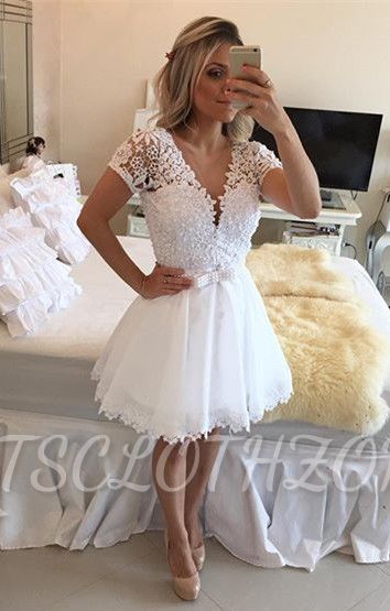New Arrival Short Sleeve Lace Homecoming Dress A-line Beadings Mini Cocktail Dress