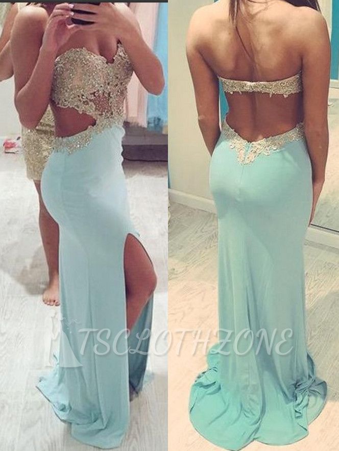 Blue Backless Prom Dresses 2022 Sweetheart Beading Evening Gown with Cutaway Sides