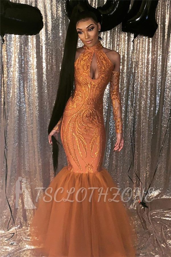 Dust Orange Mermaid Cheap Prom Dress with Sleeves | Halter Sexy Keyhole Sparkly Appliques Evening Gowns
