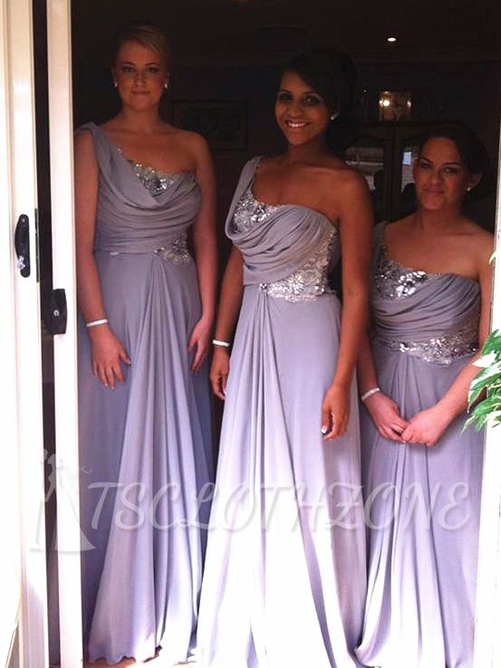 One-Shoulder-Lavendel Chiffon lange Brautjungfernkleider Pailletten Rüschen bodenlangen Günstige Hochzeitskleid