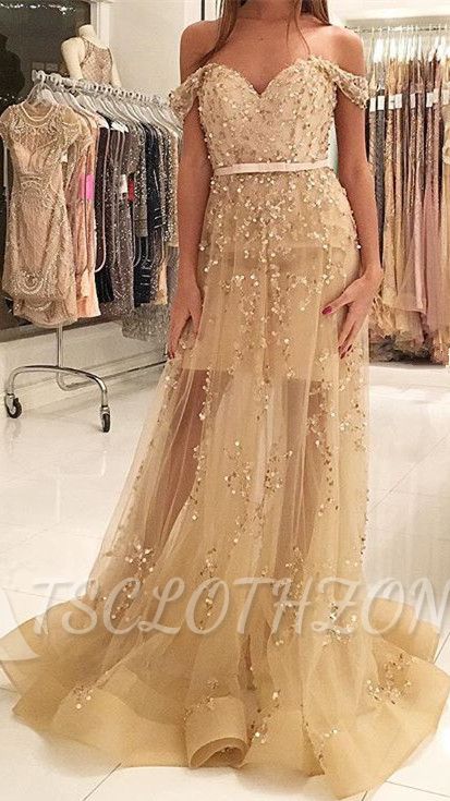 Champagne Gold Beads Sequins Prom Dress Off The Shoulder 2022 Illusion Evening Gown
