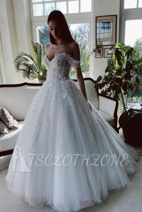 Charming Off Shoulder White Lace Tulle Wedding Dress