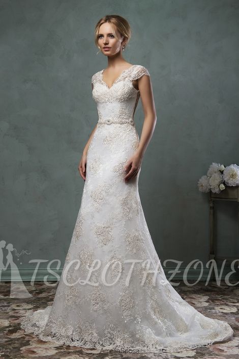 Elegant V-Neck Lace 2022 Bridal Gown Short Sleeve Custom Made Wedding Dress