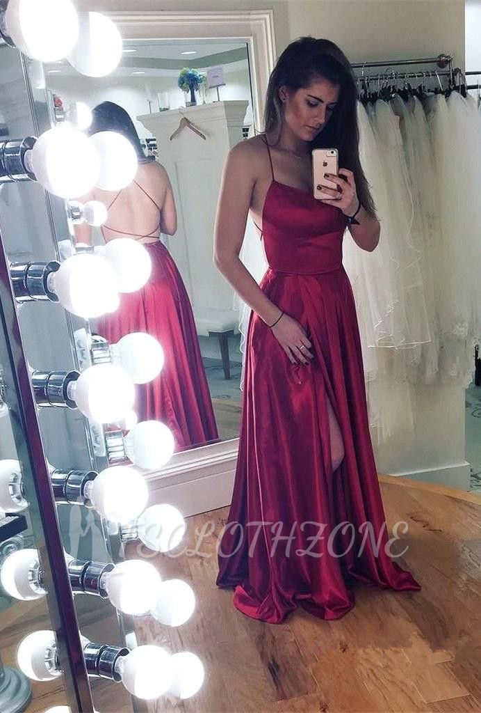 Simple A-Line Backless Prom Dresses 2022 | Spaghetti Straps Side Slit Evening Gowns