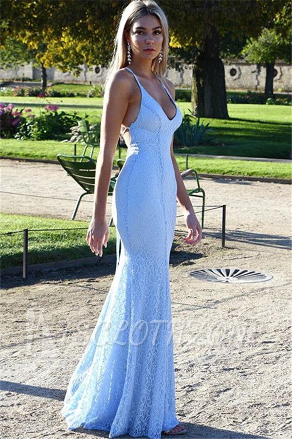 Sexy Open Back Lace Evening Dress | Mermaid Spaghetti Straps Baby Blue Fomral Evening Dress