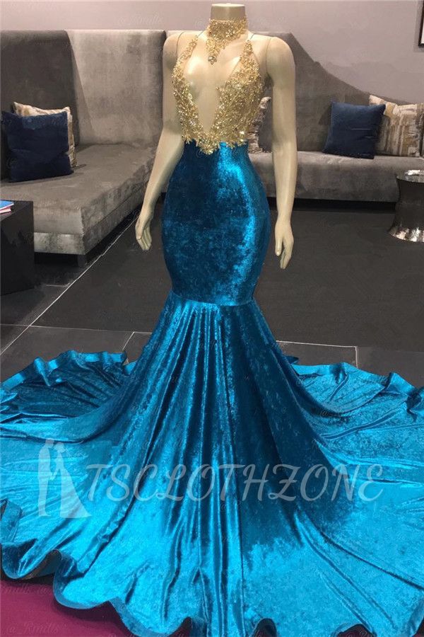 Gold Perlen Applikationen Günstige Ballkleider | Ärmellose Mermaid Sexy Blue Velvet Abendkleider
