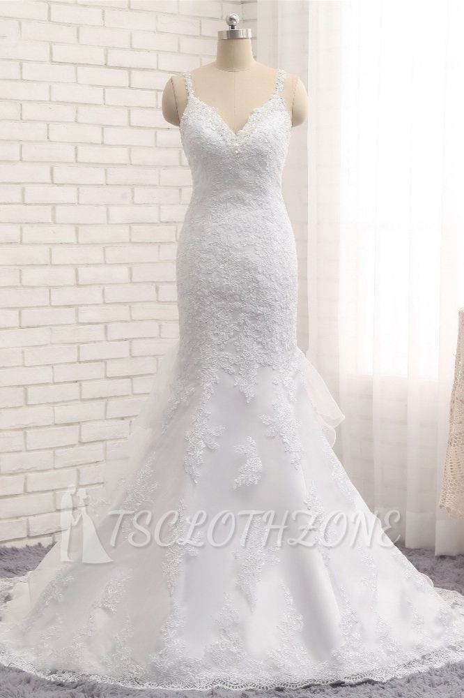 TsClothzone Elegante weiße Meerjungfrau-Hochzeitskleider mit V-Ausschnitt, ärmellose Spitzen-Brautkleider mit Applikationen im Angebot