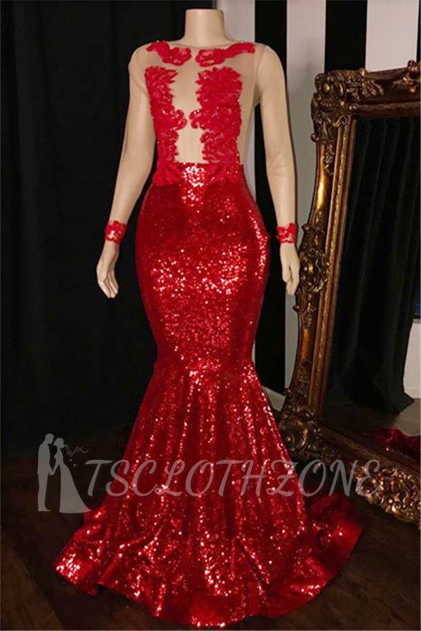 Long Sleeves Sequins Mermaid Prom Gowns | Glamorous Sheer Tulle Red Long Evening Dress