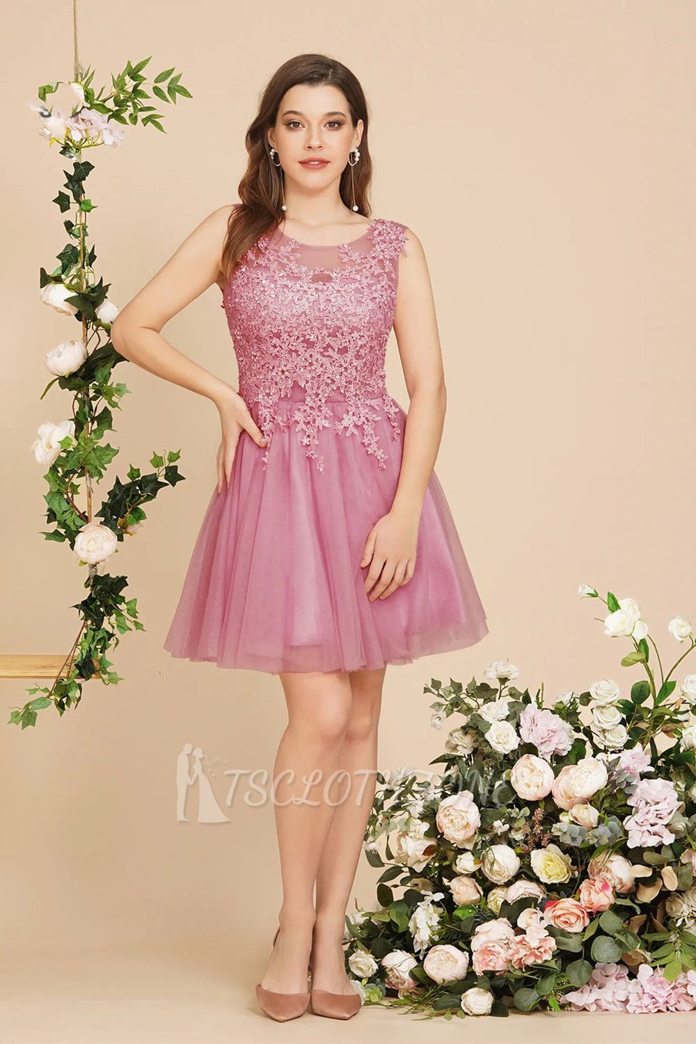 Dusty pink Round neck knee length Tulle homecoming dress