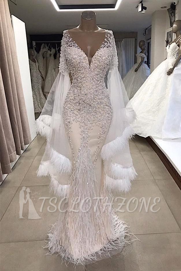 Luxurious Mermaid V Neck Long Sleeves Crystal Floor Length Prom Dresses With Tassels | Beading Evening Gowns
