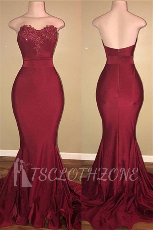 Strapless Burgundy Sexy Burgundy Prom Dress Cheap | Mermaid Long Train Appliques Evening Gown 2022