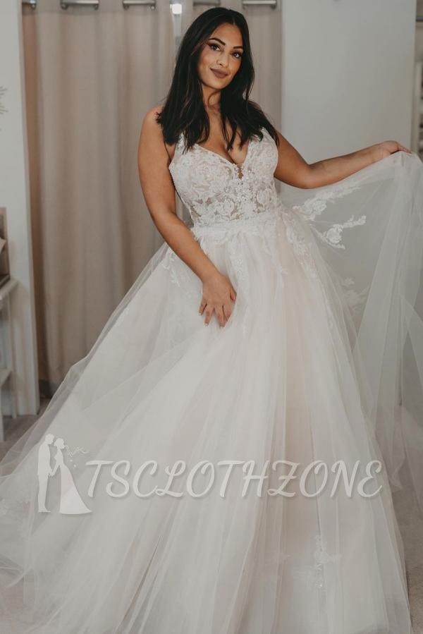 Sleeveless Floral Lace Tulle Wedding Dress