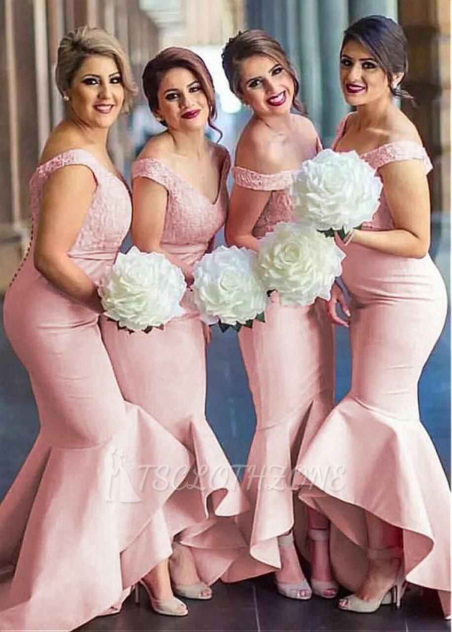 Arrival Satin Off-the-shoulder Pink Sexy Hi-lo Mermaid Bridesmaid Dress