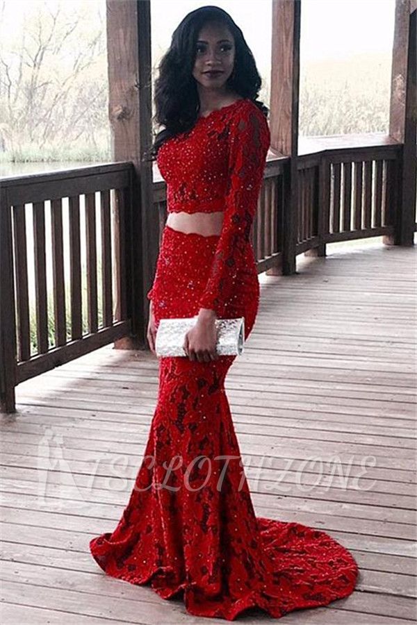 Two Piece Lace Sexy Prom Dresses 2022 | Red Long Sleeve Beads Sequins Evening Gown