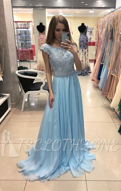 Elegantes blaues Chiffon-Abendkleid 2022 | Langes, formelles Kleid aus Spitze mit Flügelärmeln