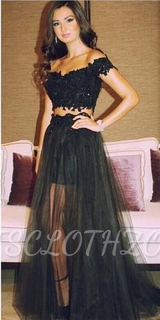 Latest Separate Off Shoulder Long Prom Dress Sexy Lace Applique Tulle Fitted Evening Dresses for Women