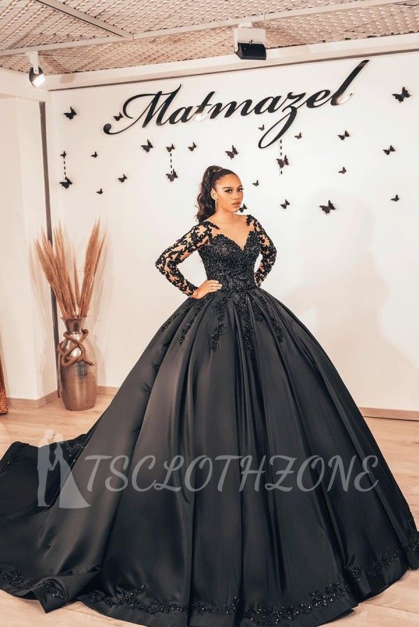 Stunning Black Lace Ball Gown Long Sleeves Floral  Dancing Party Dress with Sweep Train
