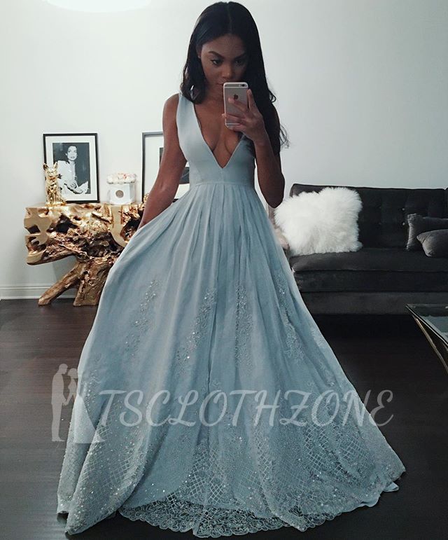 Wunderschöne Blaue Spitze Abendkleider | Sexy Festkleider Tief V-Ausschnitt