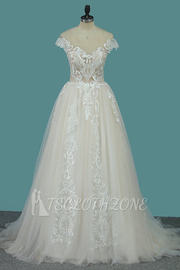 TsClothzone Elegant Jewel Tulle Lace Wedding Dress Sleeveless Appliques Ruffles Bridal Gowns Online