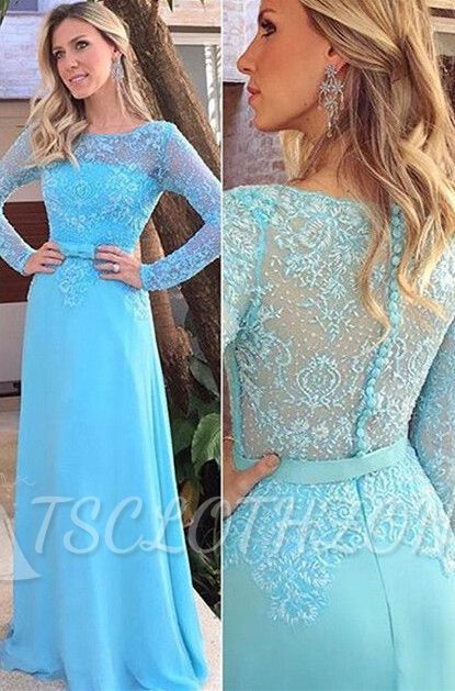 Blue Scoop Long Sleeve Evening Gowns Elegant Chiffon Lace Prom Dresses