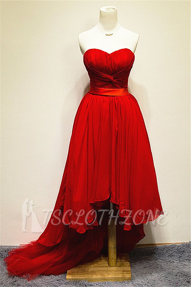 Chiffon Hi-Lo Sweetheart Red Sexy Abendkleid Rüschen Einzigartige Sweep Train Tiered Lace-up Kleider für Frauen