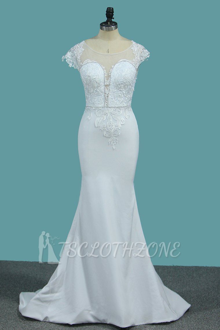 TsClothzone Chic Satin Jewel Lace Wedding Dress Cap Sleeves Beadings Mermaid Bridal Gowns On Sale
