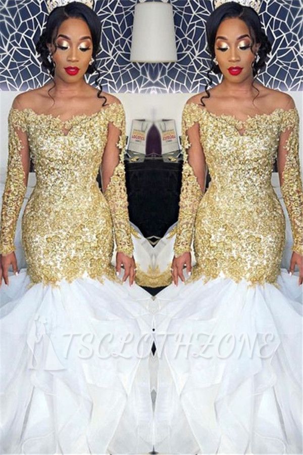 Long Sleeve Gold Lace Appliques 2022 Prom Dress | Sexy Ruffles Mermaid Evening Gown Cheap