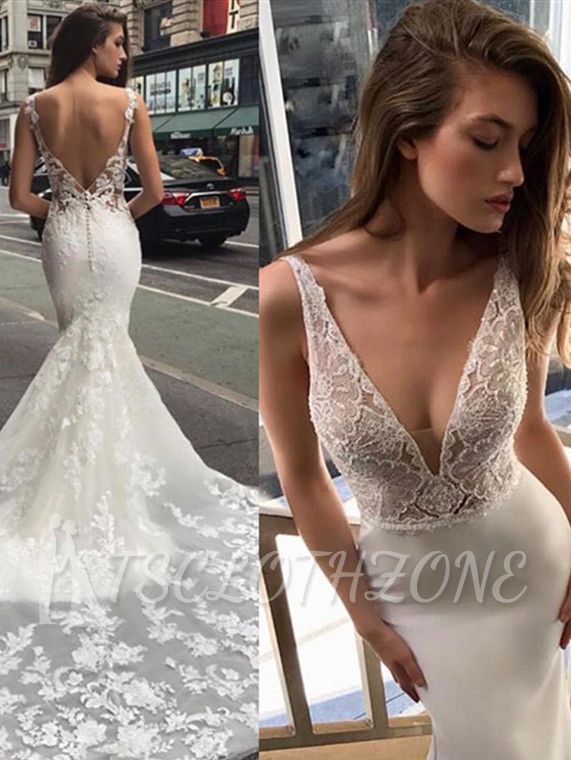 Glamorous Spaghetti Deep V-Neck Mermaid Sleeveless Bridal Gown | Backless Wedding Dress with Lace Appliques