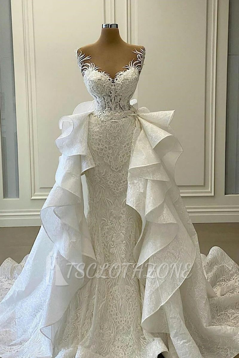 Gorgeous Sweetheart Mermaid Bridal Dress Sleeveless White Wedding Dress with Detachable Train