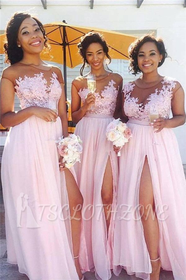 Pink Lace Chiffon Sexy Bridesmaid Dresses Splits Long Dress for Maid of Honor Online