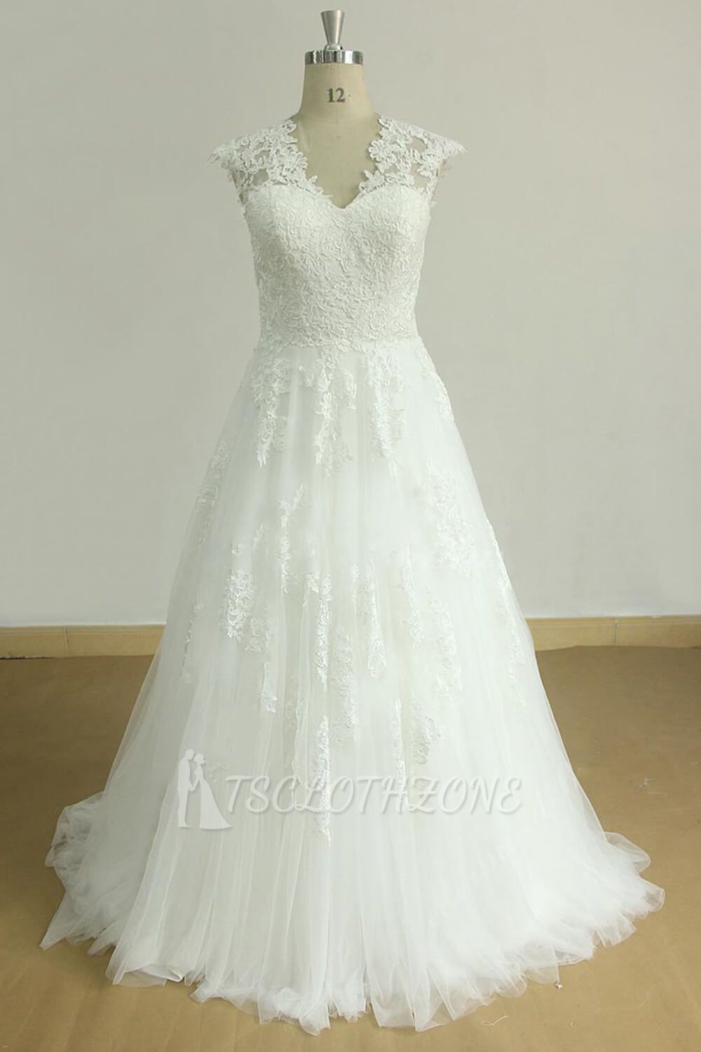 Glamouröses ärmelloses Tüll-Hochzeitskleid mit Applikationen | Brautkleider in A-Linie mit Spitzenträgern