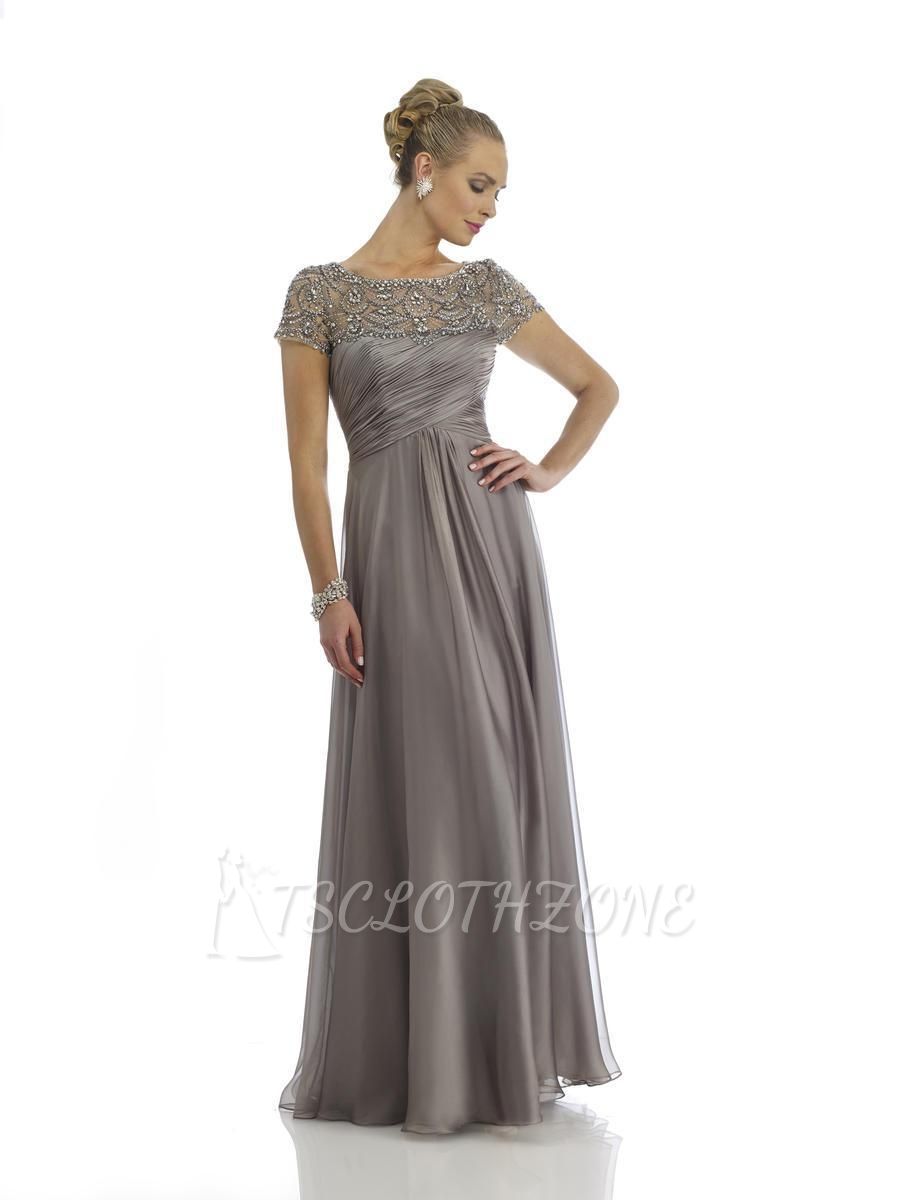Short Sleeve Grey Long Mother Dress A-Line Crystal Chiffon Evening Gowns