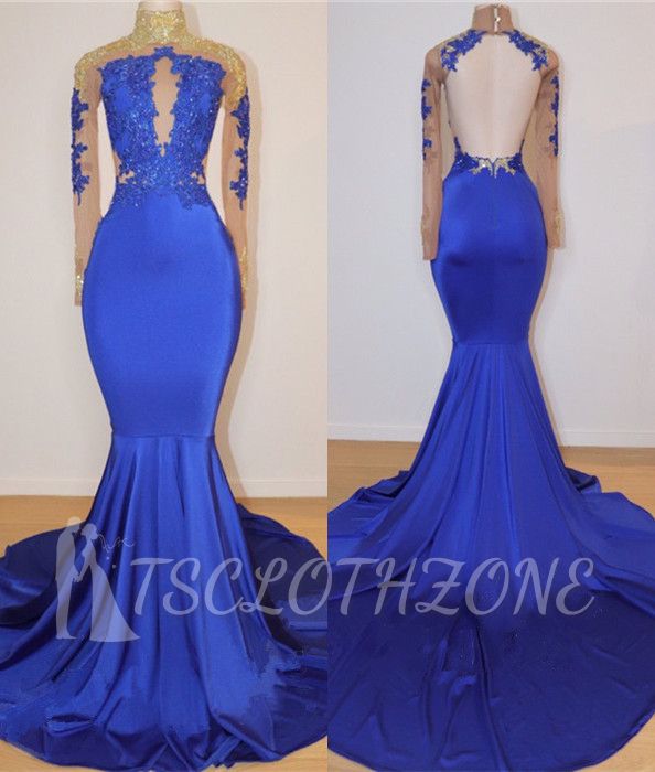 2022 Royal Blue High Neck Cheap Prom Dresses | Open Back Mermaid Appliques Evening Dress