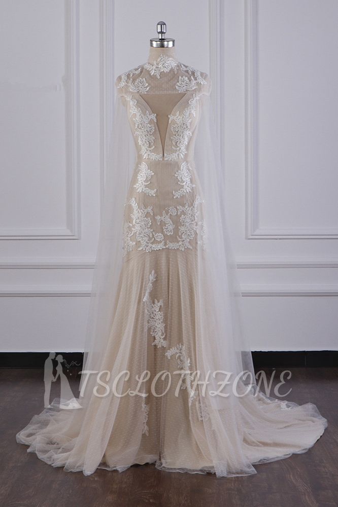 TsClothzone Chic High-Neck Tulle Champagne Wedding Dress Mermaid Sleeveless Appliques Bridal Gowns Online