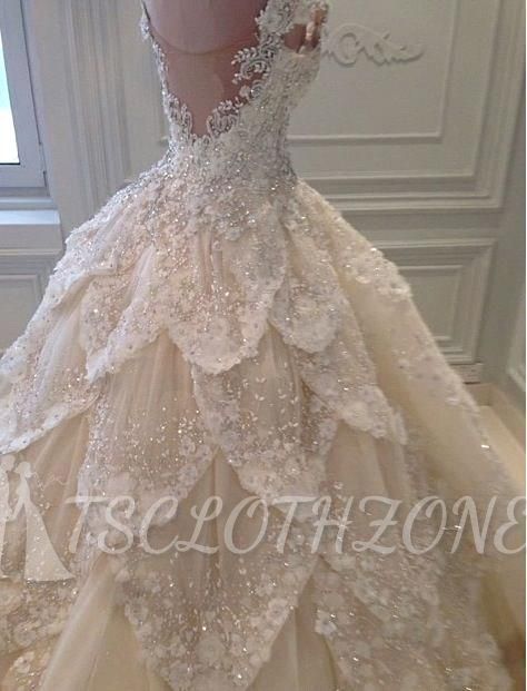 Luxurious Off the Shoulder Beading Wedding Dress Crystal Tiered Chapel Train Bridal Gowns