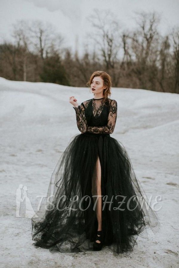 Black Gothic Fairytale Wedding Dress Tulle Long Sleeves Side Split Party Dress