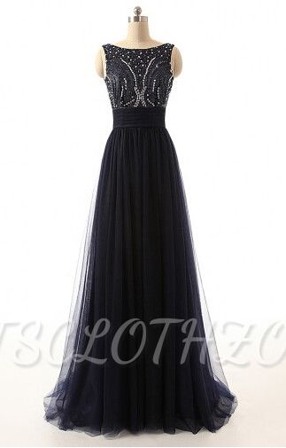 A-Line Black Tulle Long Prom Dresses with Beadings Open Back Formal Bowknot Custom Made Special Occassion Dresses