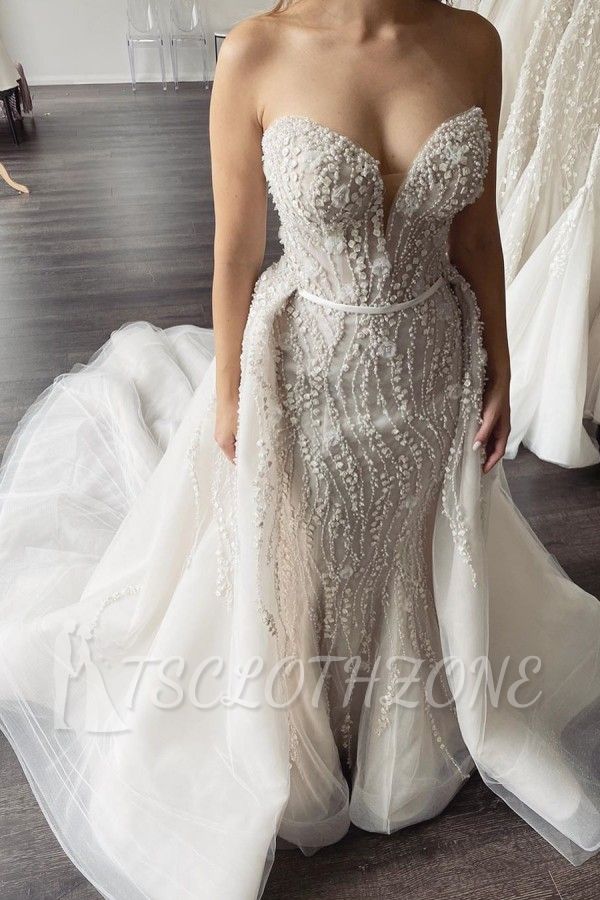 Unique Sweetheart Mermaid Lace Wedding Dresses with Long Overskirt