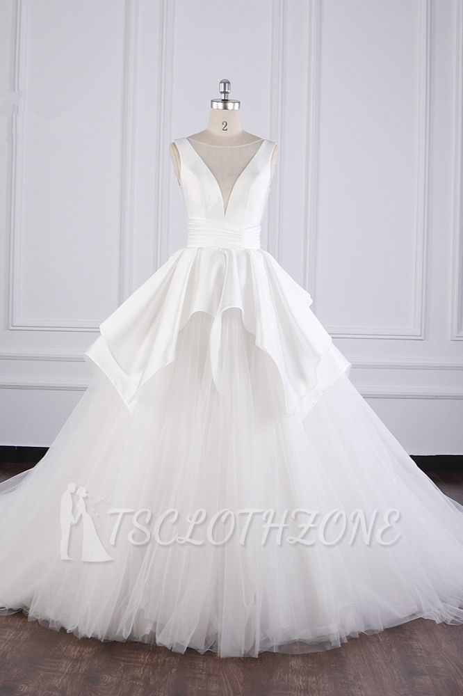 TsClothzone Chic Ball Gown Jewel Layers Tulle Wedding Dress White Sleeveless Ruffles Bridal Gowns Online