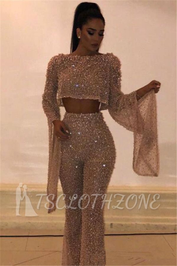 New Arrival Two Pieces Long Sleeves Crystals Crew Floor-Length Open Back Prom Dresses