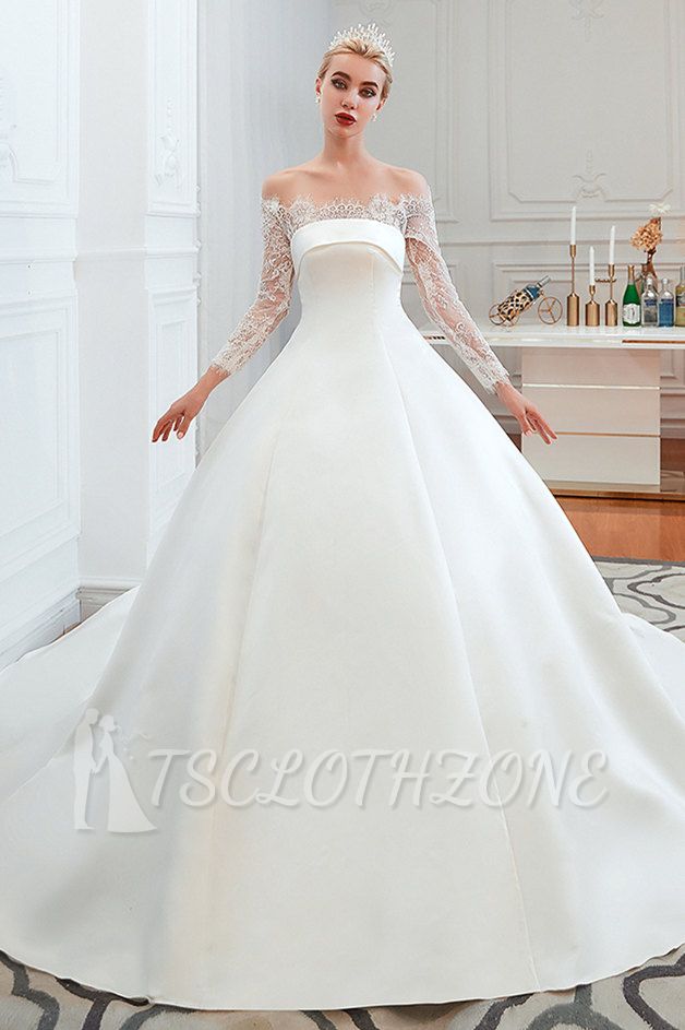 Romantic Lace Long Sleeves Princess Satin Wedding Dress | Princess Bridal Gowns with Cathedral Train