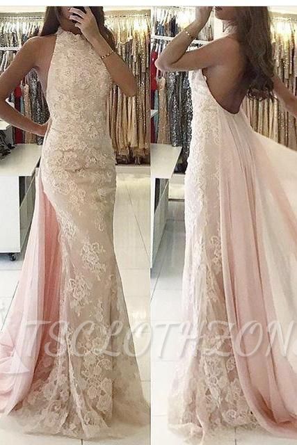 Newest Backless Applqiues Tulle Mermaid Halter Sweep-Train Evening Dress