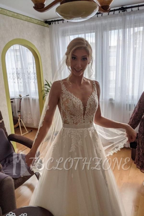 Elegant Sleeveless Aline Wedding Floral Lace Tulle Bridal Dress