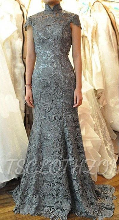 Sexy Mermaid High Collar Lace Mother of the Bridal Dress Short Sleeve Sweep Train Wedding Dress
