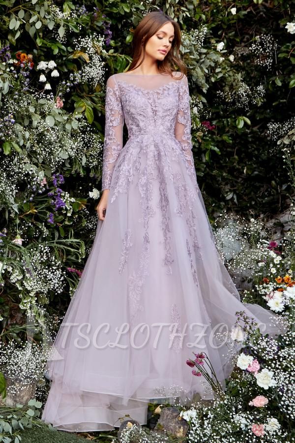 Elegant Violet Tulle Lace Evening Dress Floor Length Prom Dress