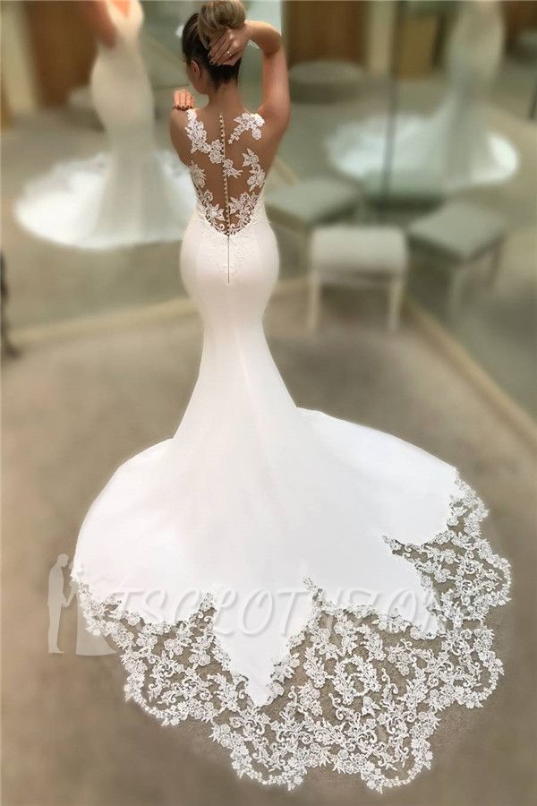 Mermaid Satin Lace Wedding Dresses Cheap 2022 | Sleeveless Sheer Back V-neck Bridal Gowns