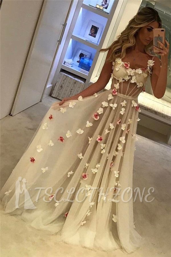 Spaghetti Straps Open Back Flowers Sexy Evening Gown Corset Illusion Tulle Prom Dress